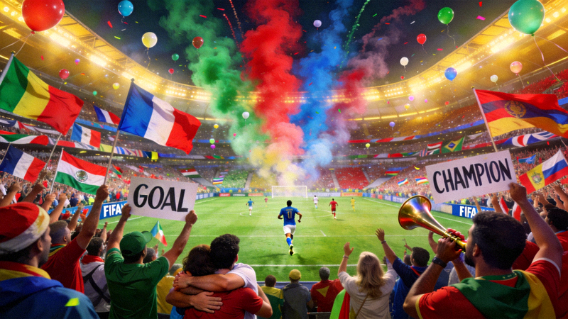 FIFA世界杯比赛现场，球迷欢呼的宏大场面